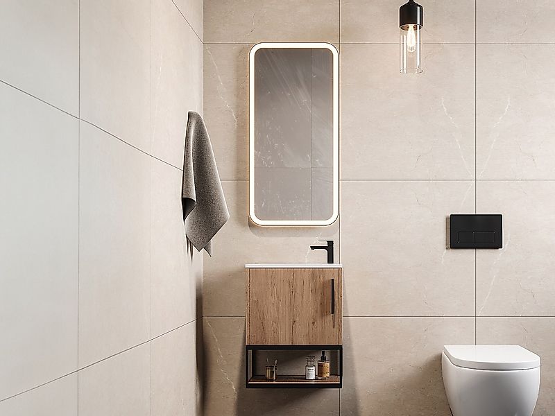 Hängender Handwaschbecken-Unterschrank mit Nische und weißem Aufsatzbecken günstig online kaufen