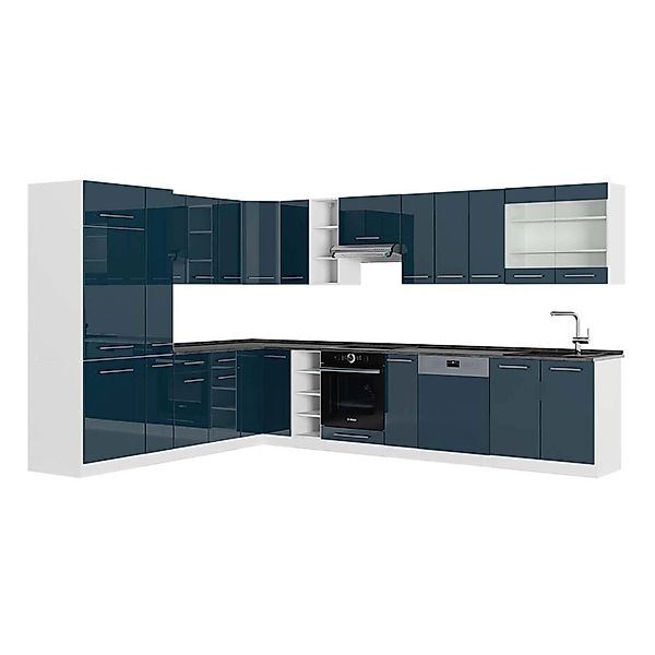 Vicco Fame-Line Eckküche Dunkelblau Hochglanz/Weiß 257 x 60 cm AP Anthrazit günstig online kaufen