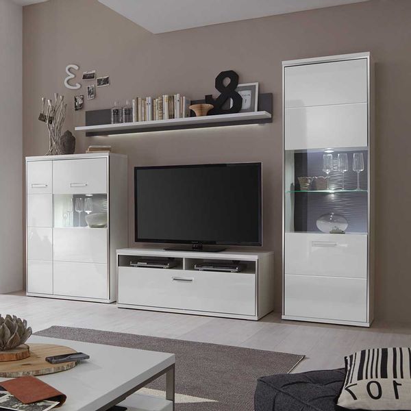 Wohnzimmer Schrankwand in Hochglanz Weiß 300 cm breit (vierteilig) günstig online kaufen