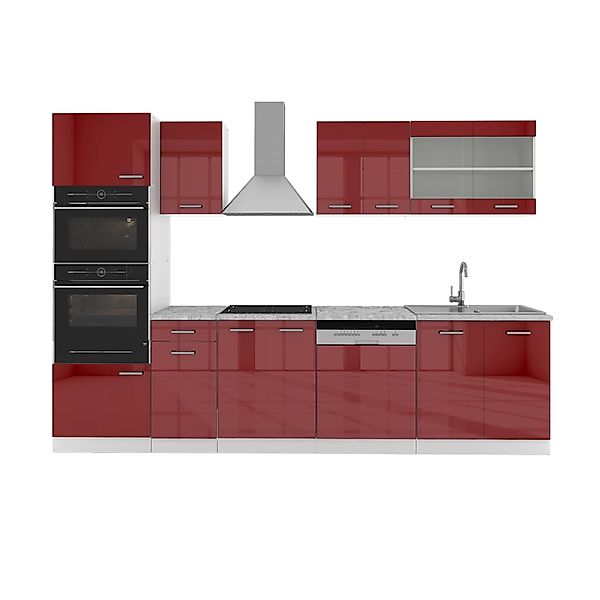 Vicco R-Line Küchenzeile Bordeaux Hochglanz/Weiß 300 cm mit Hochschrankohne günstig online kaufen