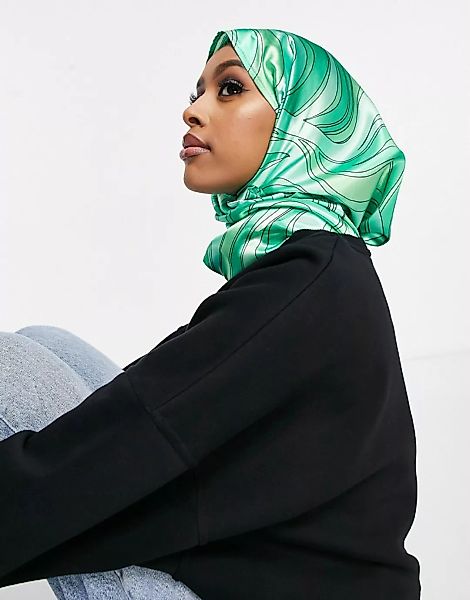 ASOS DESIGN – Großes Kopftuch aus Polysatin mit grünem Marmormuster günstig online kaufen