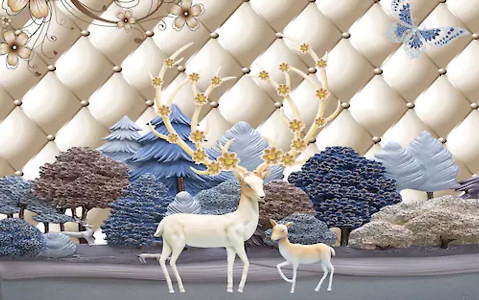 Papermoon Fototapete »Muster mit Hirschen gold blau weiß« günstig online kaufen