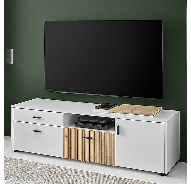 Lomadox Lowboard HUNTER-61, TV-Board Mediamöbel weiß matt Eiche gerillt 150 günstig online kaufen