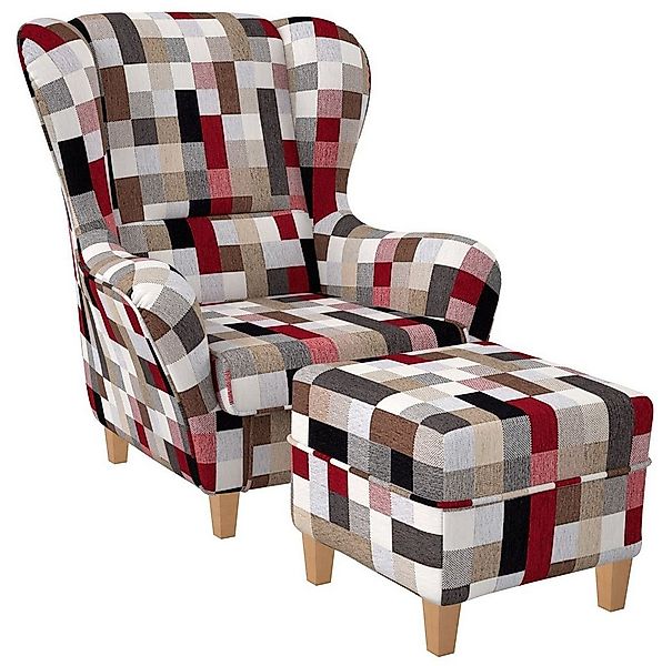 Supellex Ohrensessel Sofia Relaxsessel mit Hocker Patchwork kariert bunt ge günstig online kaufen