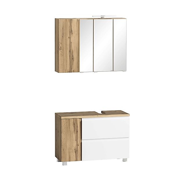 Held Möbel 2-tlg Unterbecken-Set Ancona 85cm Mattweiß-Wotaneiche Ausschn. r günstig online kaufen