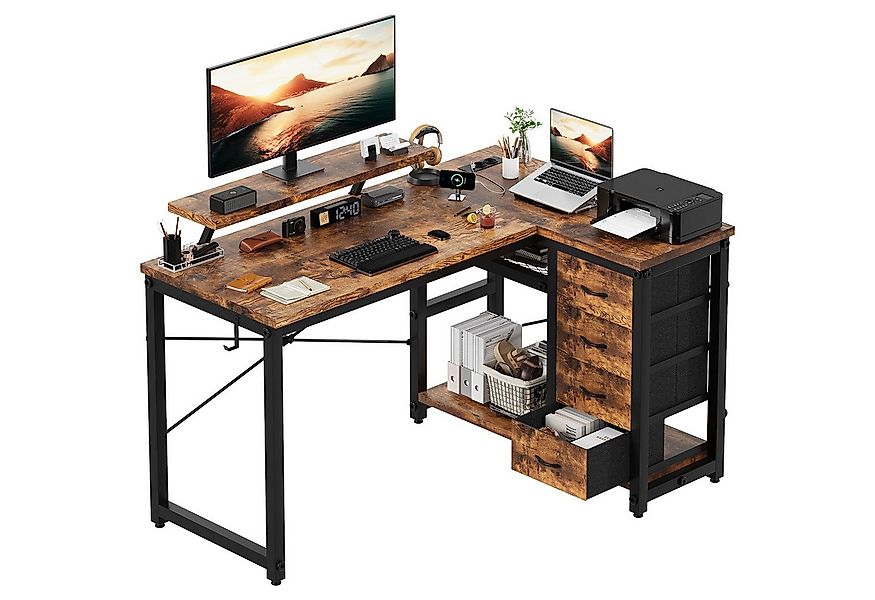 HOMALL Eckschreibtisch 140/160 cm Schreibtisch mit Schubladen, Monitorhalte günstig online kaufen