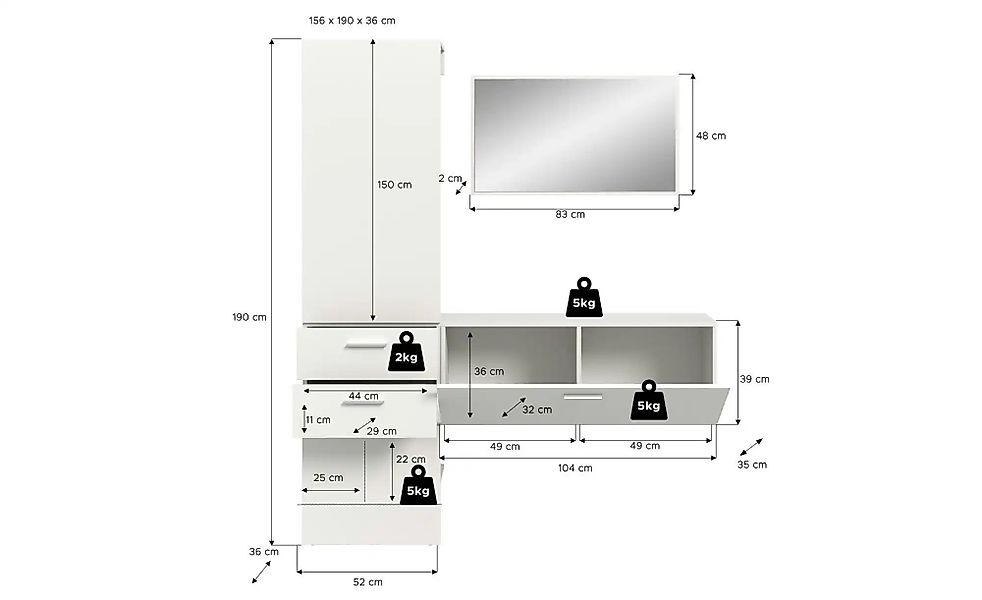 Garderobenkombination   ¦ weiß ¦ Maße (cm): B: 156 H: 190 Garderoben & Klei günstig online kaufen