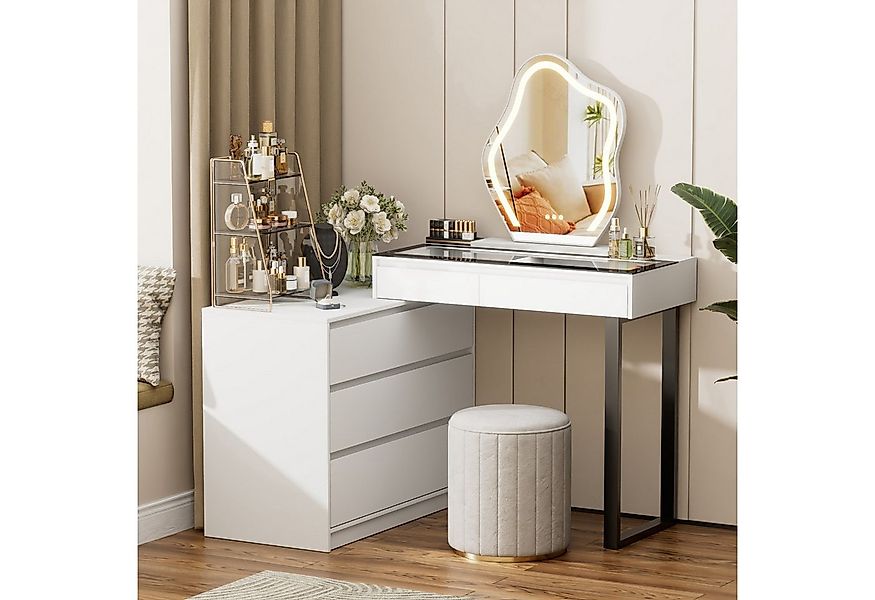 BROTTAR Schminktisch mit Spiegel, 5 Schubladen und LED-Beleuchtung, mit Gla günstig online kaufen
