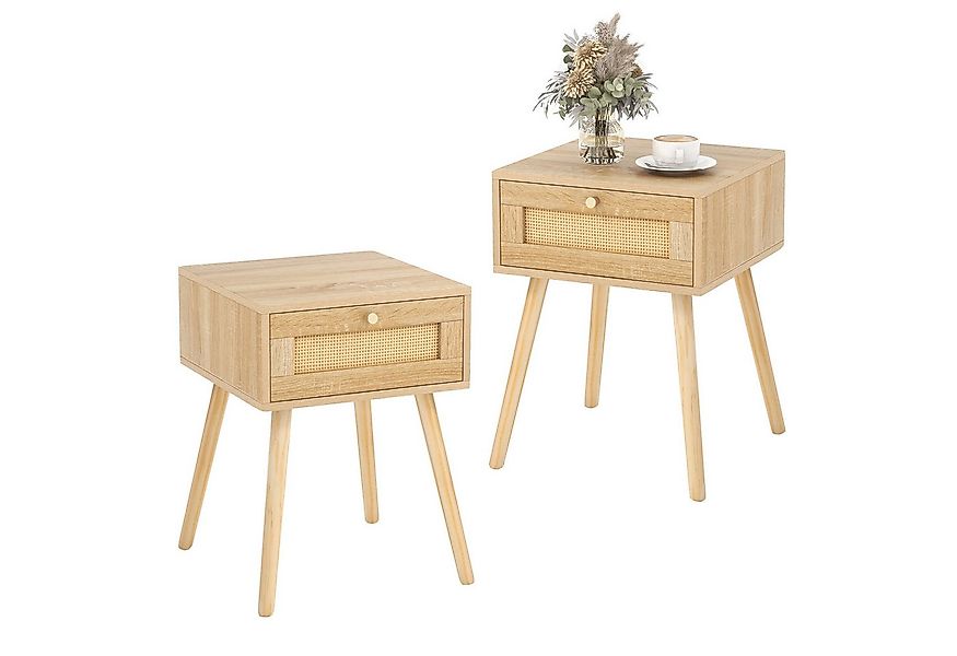 COSTWAY Nachttisch (2-St), mit Schublade und Rattan-Design, Eiche, 40x40x55 günstig online kaufen