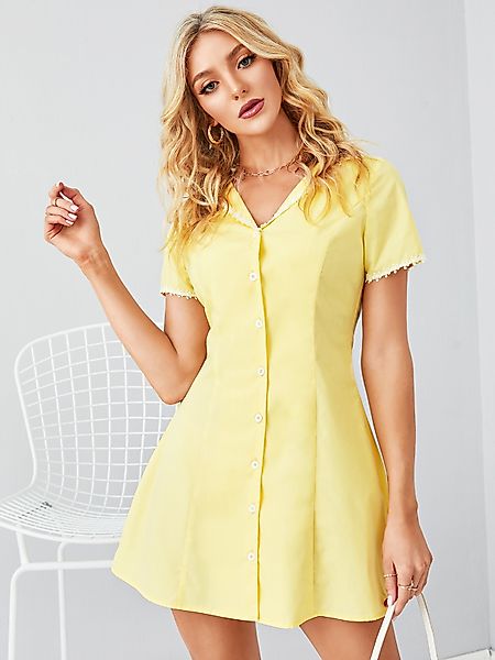 YOINS V-Ausschnitt Knopfleiste vorne Spitzenbesatz Kurze Ärmel Mini Kleid günstig online kaufen
