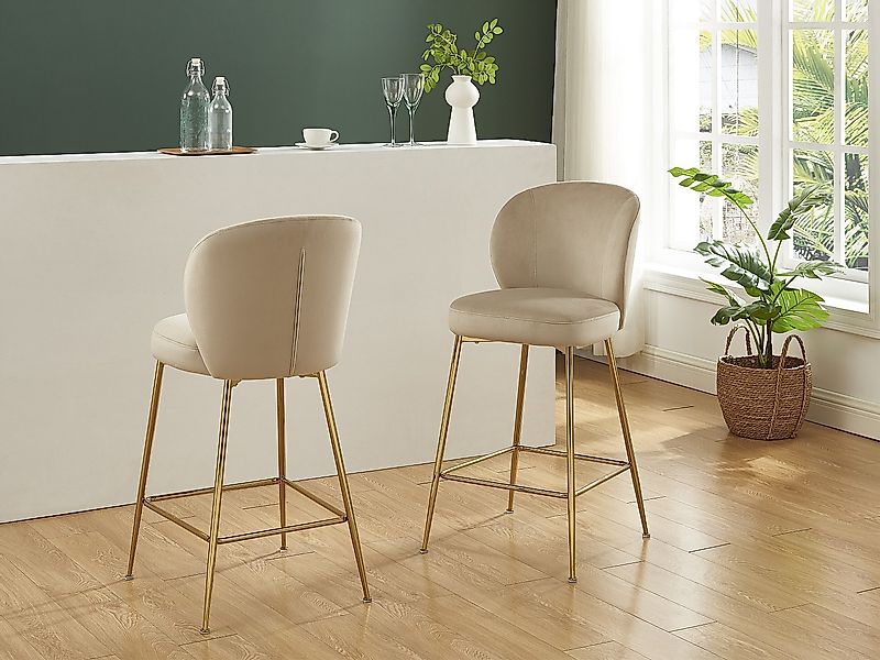 Barhocker 2er-Set - Samt & Goldfarbenes Metall - Beige - POLPONA günstig online kaufen
