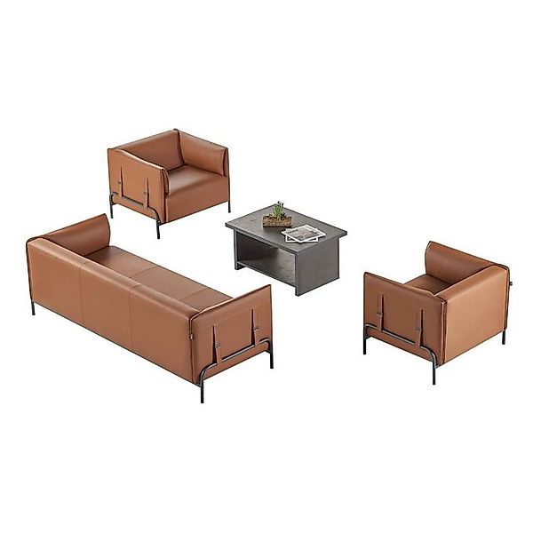 JVmoebel 2-Sitzer Arbeitszimmer-Set 4tlg 3-Sitzer 2x Sessel Couchtisch Brau günstig online kaufen