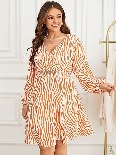 YOINS Plus Größe V-Ausschnitt Raffung Zebra Gestreifte lange Ärmel Kleid günstig online kaufen