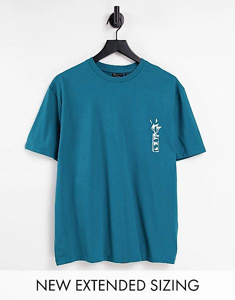 ASOS DESIGN – Locker geschnittenes T-Shirt in Blaugrün mit Text-Grafikprint günstig online kaufen