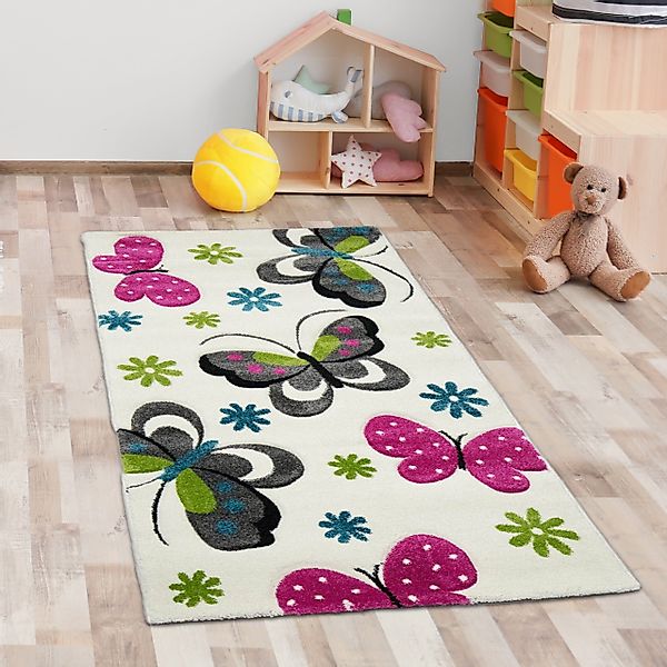 Carpetia Kinderteppich Farbenfroher Schmetterling-Teppich für Kinderzimmer günstig online kaufen