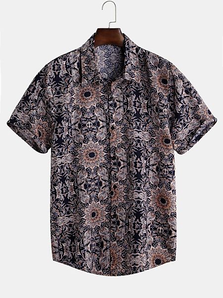 Mens Ethnic Floral Printed Vacation Schlankes Kurzarm-Revers-T-Shirt günstig online kaufen