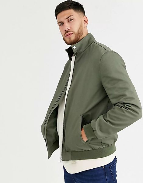 ASOS DESIGN – Harrington-Jacke mit Stehkragen in Khaki-Grün günstig online kaufen