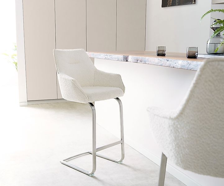 DELIFE Barhocker Alja-Flex, Freischwinger flach Edelstahl Bouclé Weiß Tasch günstig online kaufen