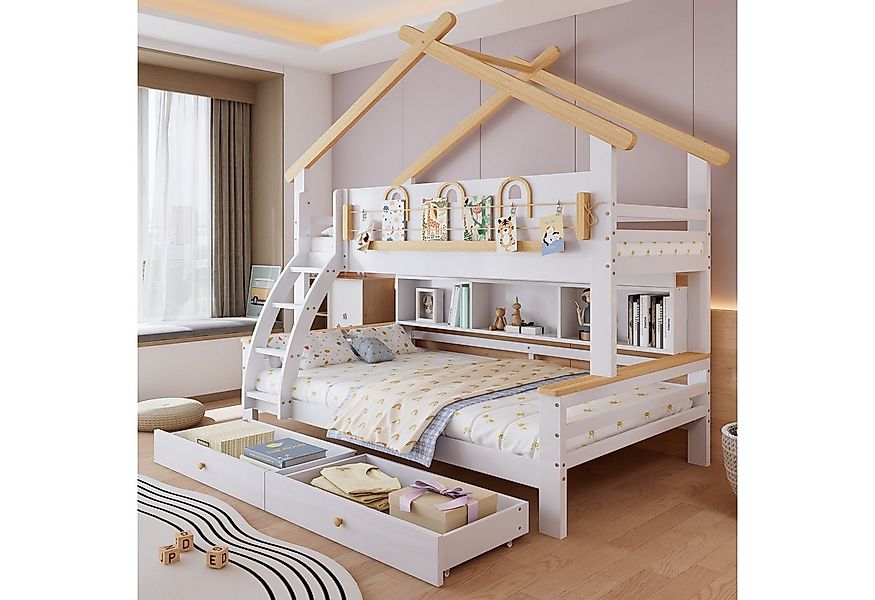 MODFU Etagenbett mit Rollschubladen (Kinderbett mit dekorativem Dach, viers günstig online kaufen