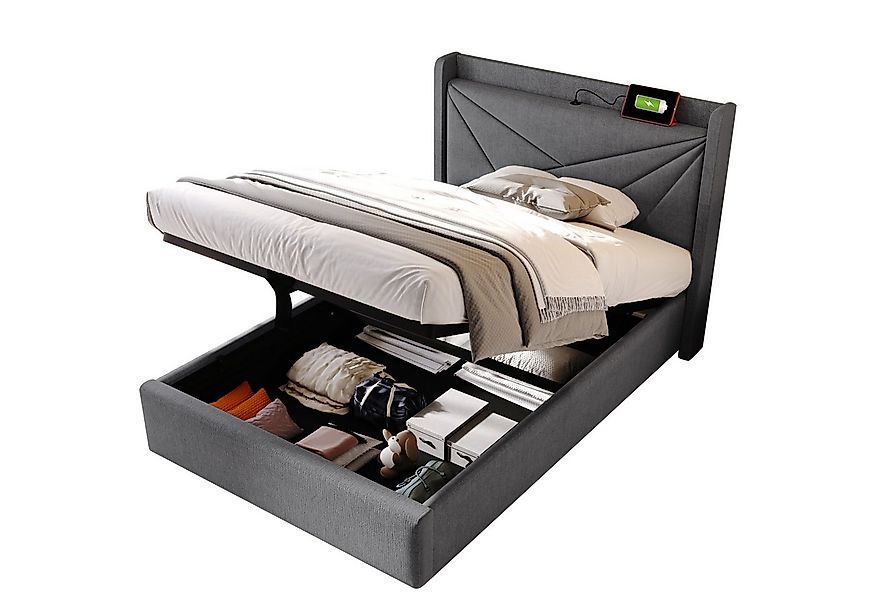 Flieks Polsterbett, Massivholz Stauraumbett mit USB/Typ-C Ladeanschluss 90x günstig online kaufen
