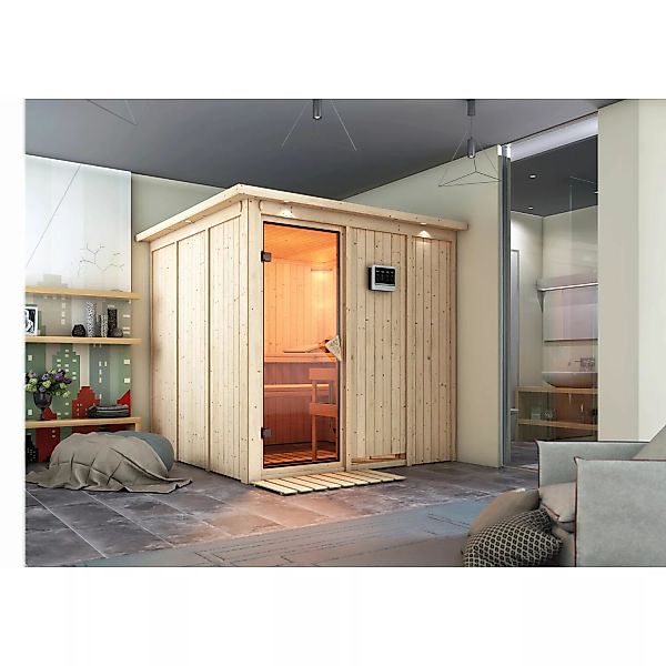 Karibu Sauna Rikka mit Bio-Ofen externe Stg.LED-Dachkranz Natur günstig online kaufen