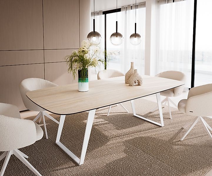 Esstisch Edge Boot 240x120 cm Keramik Travertin Natur Metall Schräg Weiß günstig online kaufen