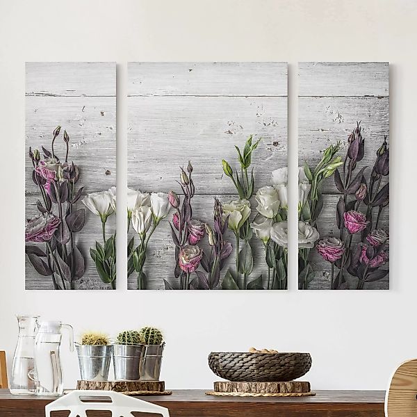 3-teiliges Leinwandbild - Querformat Tulpen-Rose Shabby Holzoptik günstig online kaufen