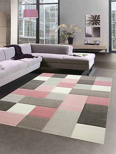 Carpetia Teppich Designer Teppich Wohnzimmer mit Karo Muster in Creme Pink günstig online kaufen