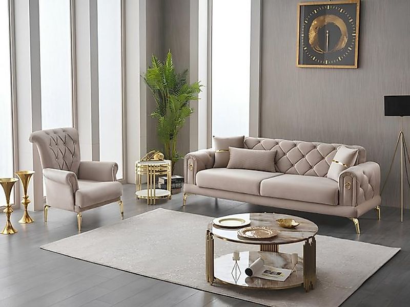 JVmoebel Sofa Garnitur Polstersofa Dreisitzer 2tlg Stoffsofa Sessel Beige S günstig online kaufen
