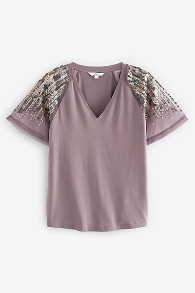 Next T-Shirt Oberteil mit V-Ausschnitt und verzierten Ärmeln (1-tlg) günstig online kaufen