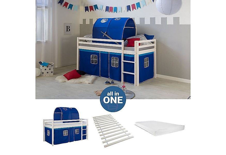 Homestyle4u Hochbett 90x200 mit Vorhang Lattenrost Matratze Tunnel in Weiß günstig online kaufen