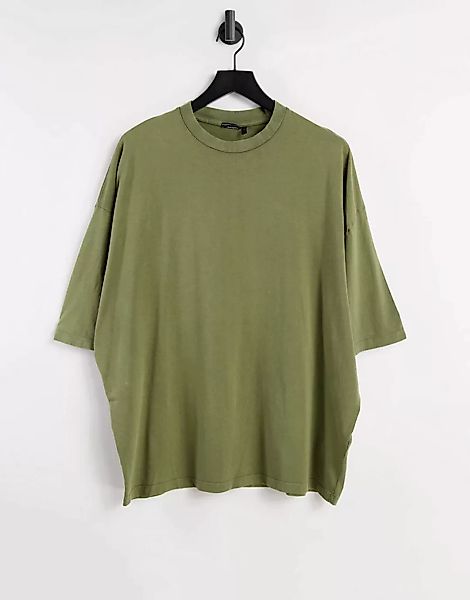 ASOS DESIGN – Oversize-T-Shirt aus Bio-Baumwolle mit Acid-Waschung in Khaki günstig online kaufen