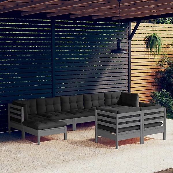 9-tlg. Garten-lounge-set Mit Kissen Grau Kiefer Massivholz günstig online kaufen