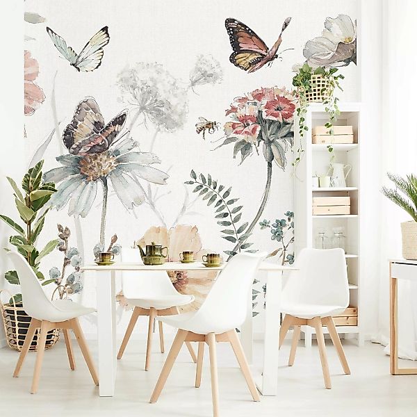 Fototapete Aquarell Blumenwiese mit Schmetterlingen günstig online kaufen