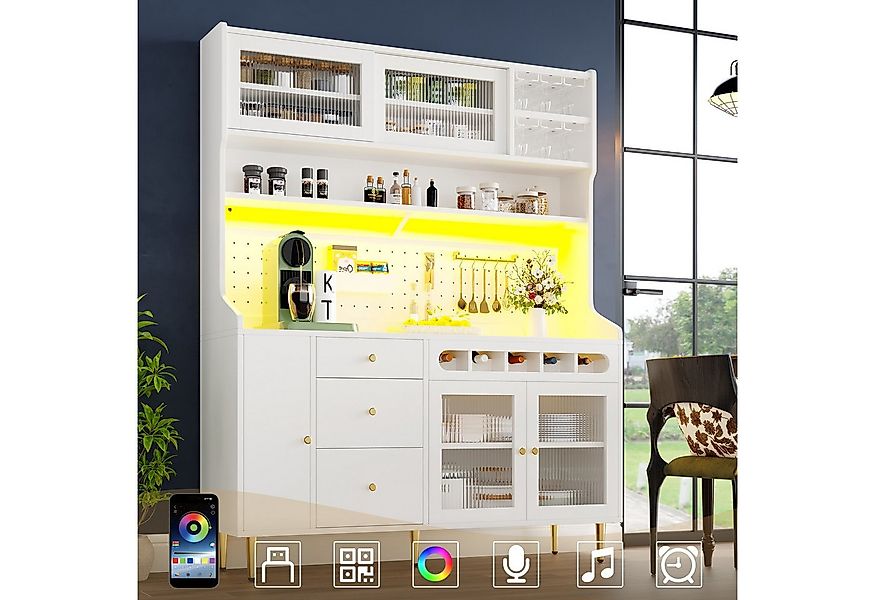 Flieks Küchenbuffet mit LED-Beleuchtung, Lochwandregalen, Gläserhalter und günstig online kaufen