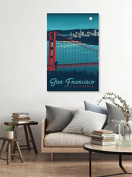 Poster / Leinwandbild - Golden Gate Bridge San Francisco Vintage Travel Wan günstig online kaufen