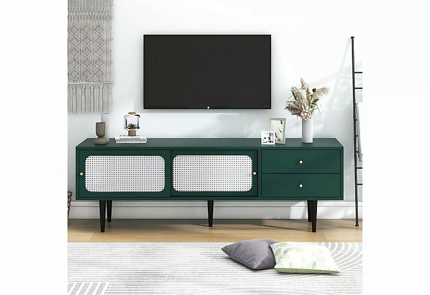 IDEASY TV-Schrank grün mit weißem Rattan, 2 Schubladen, (2 Rattan-Schiebetü günstig online kaufen