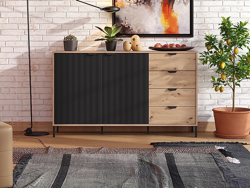 Sideboard mit 2 Türen & 4 Schubladen - Holzfarben & Schwarz - MEVIELA günstig online kaufen