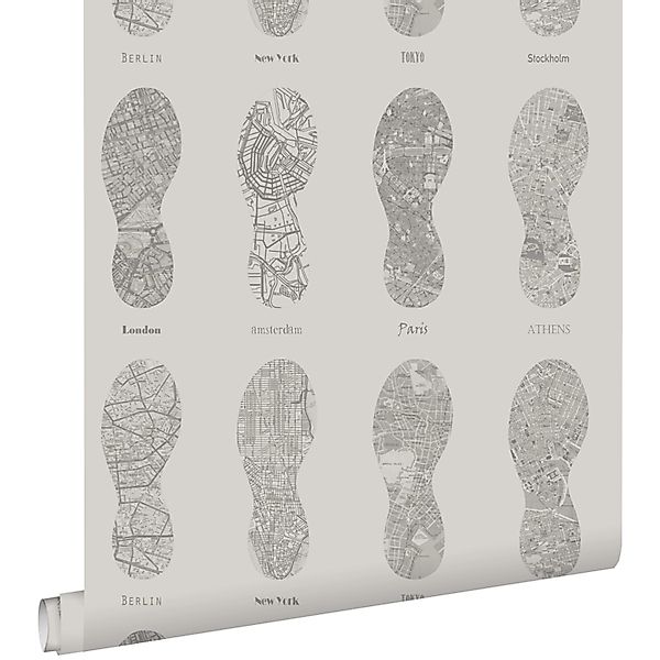 ESTAhome Tapete Stadtplan in Form von Laufschuhabdrücken Beigebraun 53 cm x günstig online kaufen