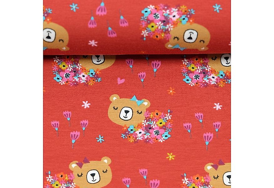 larissastoffe Stoff Jersey Stoff Bären Blumen rot, Meterware, 50 cm x 150 c günstig online kaufen