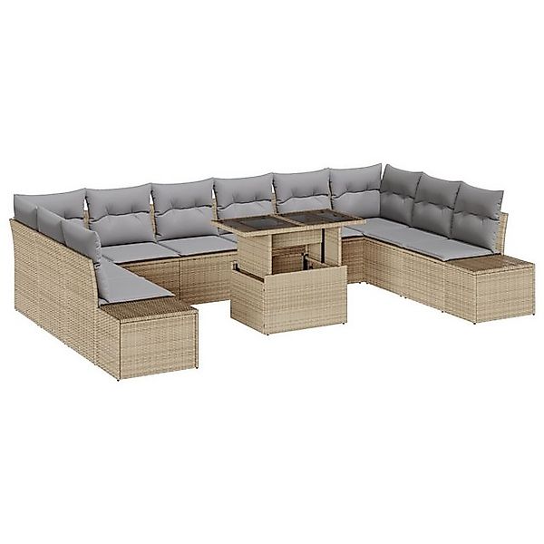 vidaXL Loungesofa 11-teiliges Garten-Sofaset mit Kissen Beige Poly Rattan, günstig online kaufen