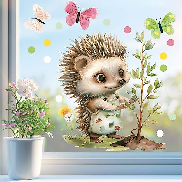 Sunnywall Fensterdekoration wiederverwendbares Fensterbild Igel Gärtnerin günstig online kaufen