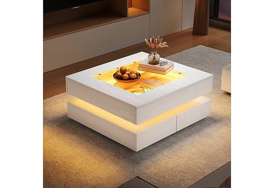 OKWISH Couchtisch Weißer LED-Couchtisch mit Glastischplatte und 3 Schublade günstig online kaufen