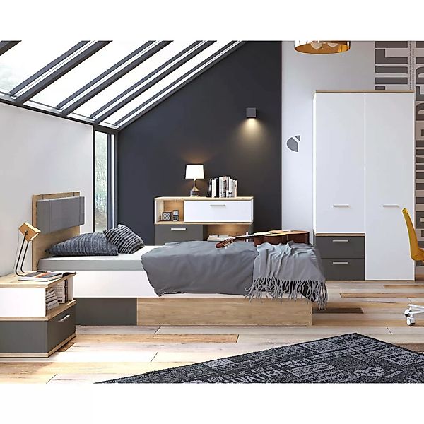 Jugendzimmer Komplett Set TOMAR-129 mit Bett 90x200cm in Eiche Nb. mit weiß günstig online kaufen