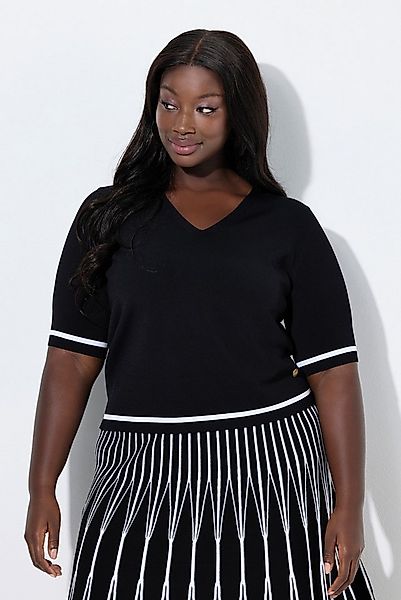 Ulla Popken Strickpullover Pullover Feinripp-Strick kurz V-Ausschnitt Halba günstig online kaufen