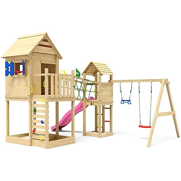 Jungle Gym Spielturm Retreat Holz Fensterläden Doppelschaukel Rutsche Fuchs günstig online kaufen