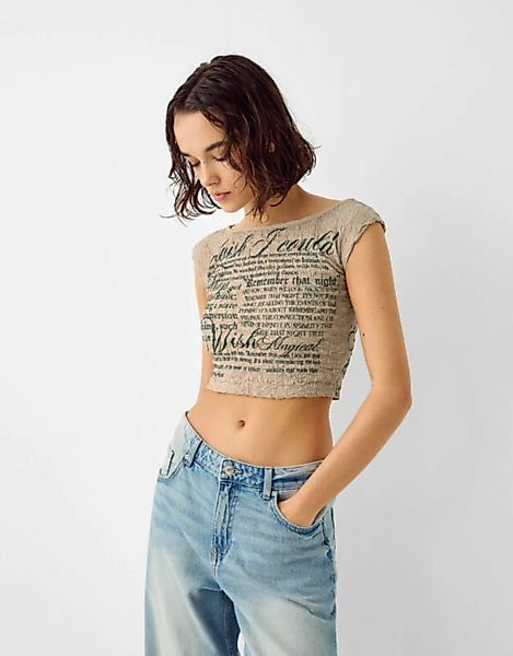 Bershka T-Shirt Mit Kurzen Ärmeln, Strukturmuster Und Print Damen M Sandfar günstig online kaufen