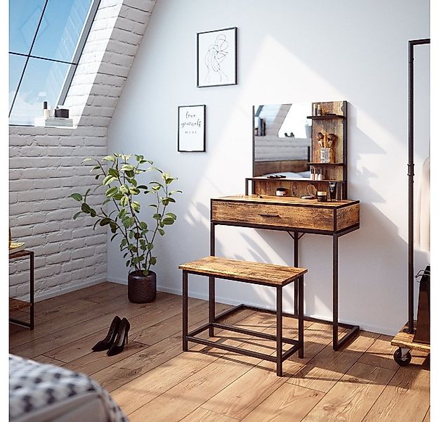 Vicco Schminktisch Fyrk, Eiche rustikal/Schwarz, 80 cm mit Stuhl günstig online kaufen