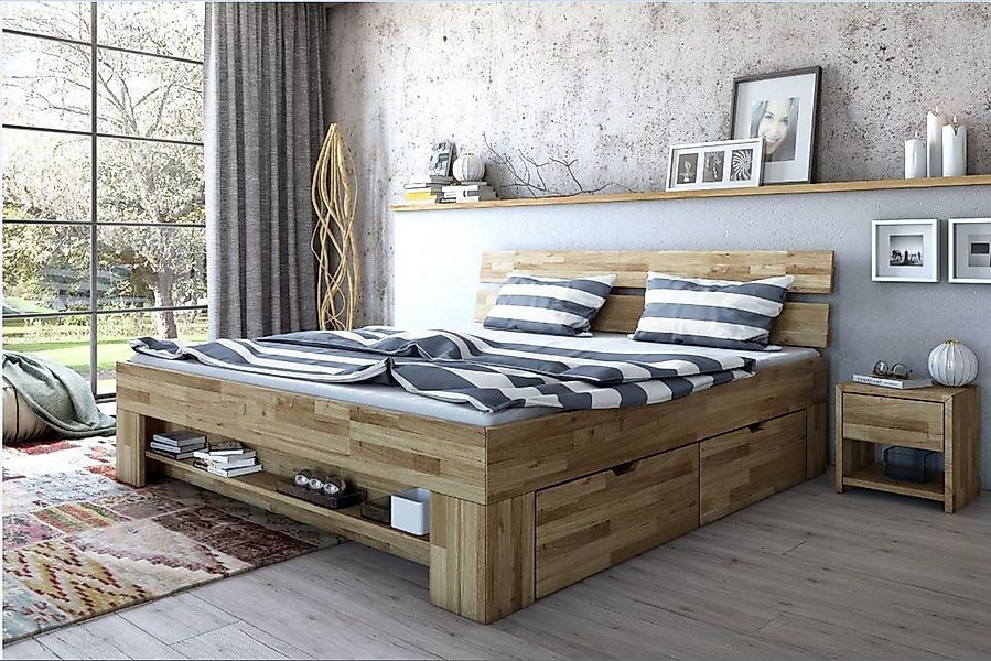 ELFO Massivholzbett Regal / Schubkästen, Liegefl. 140x200, Wildeiche - 145x günstig online kaufen