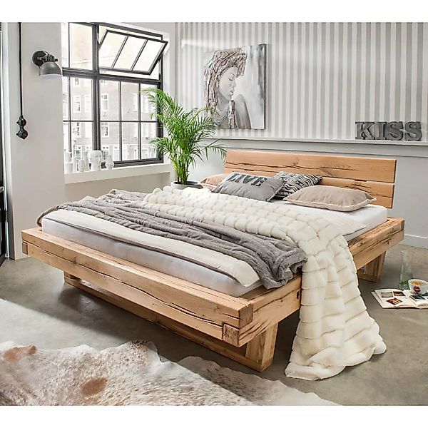Massivholz Doppelbett, 180x200 cm, Eiche massiv, Holzkopfteil, Massivholzku günstig online kaufen